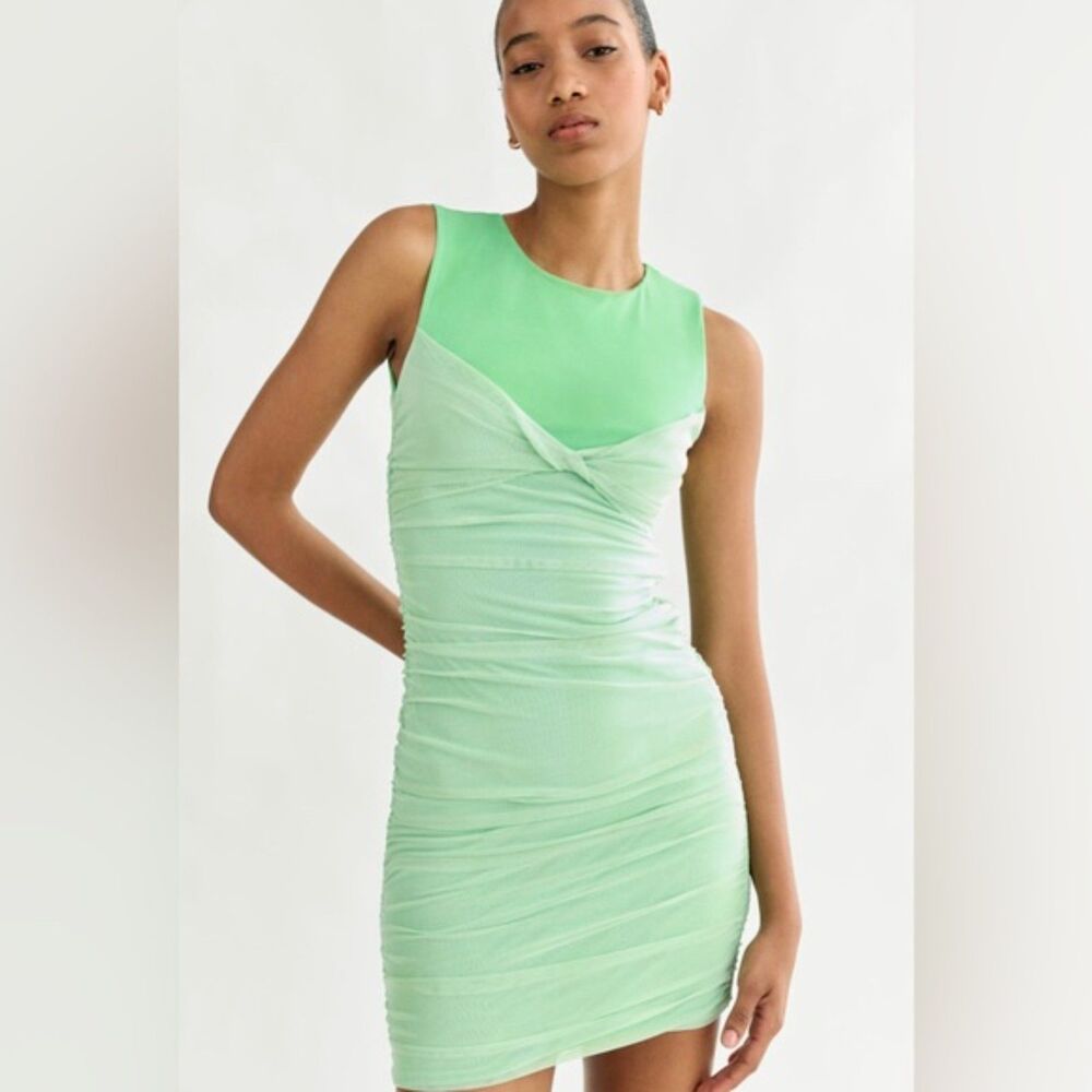 Zara Green Tulle Mesh Ruched Mini Dress Size S NWT
